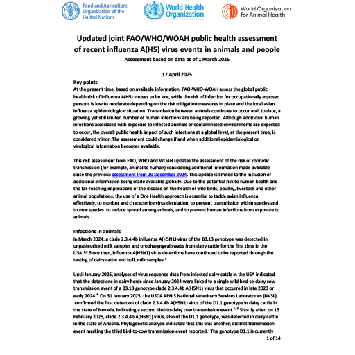 Updated joint FAO/WHO/WOAH public health assessment of recent influenza A(H5) virus events in animals and people (Assessment based on data as of 1 March 2025)
